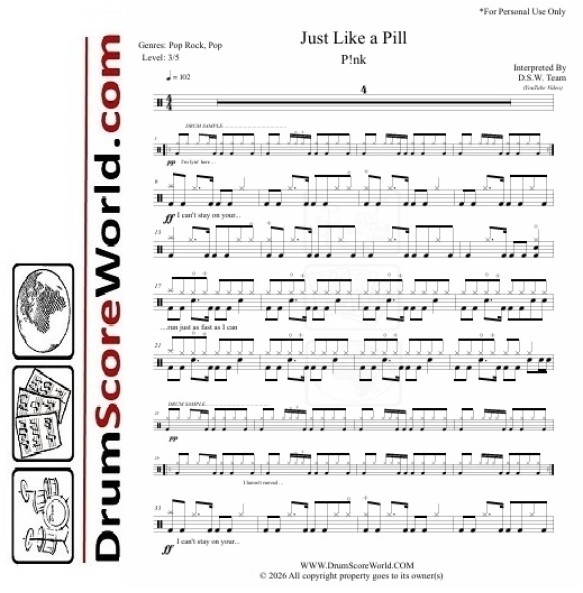 P!nk - Just Like a Pill | Drum Sheet
